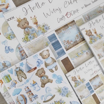 Folhas de papel decorativo com ilustrações infantis e texto Hello Little Boy