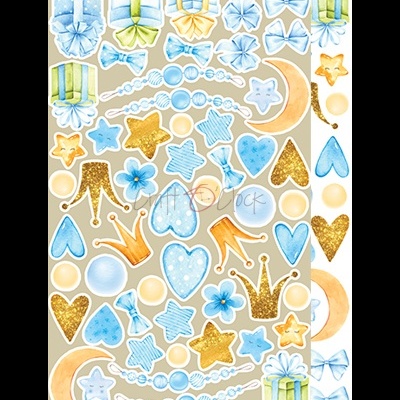 Adesivos decorativos com estrelas, corações, coroas, flores, laços, presentes e luas em azul, dourado e amarelo.