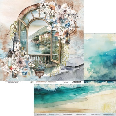 Ilustração artística de janela aberta com vista para lago e flores, ao lado de paisagem marítima azul e areia.
