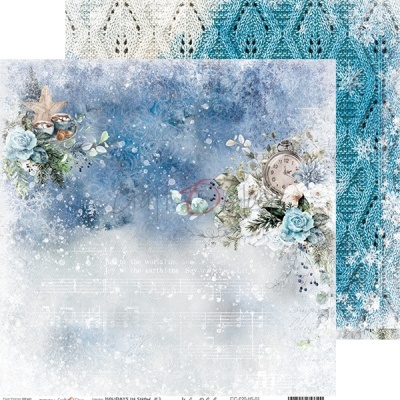 Papel decorativo com flores, relógio antigo, partituras musicais e padrão de malha azul e bege