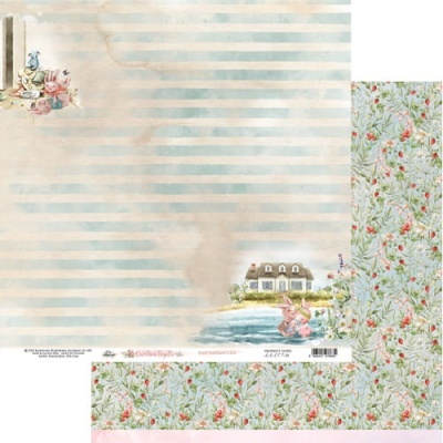 Papel decorativo riscas e padrão floral para scrapbook com ilustração de coelhos e casa.