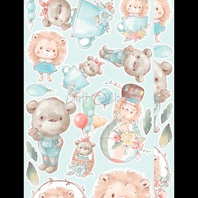 Ilustração de ursinho cinzento e leãozinho com roupas azuis, balões, flores e caneca azul