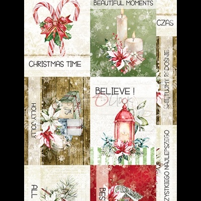 Ilustrações natalícias com velas, lanterna, bastões doces, casinha de neve e textos festivos em inglês e polaco