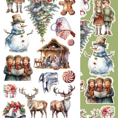 Ilustrações natalícias incluindo crianças, boneco de neve, caneca, presépio, rena e presentes