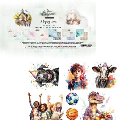 Ilustrações variadas em estilo aquarela com personagens e objetos festivos.