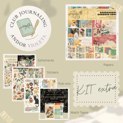 Conjunto de materiais para journaling Graphic 45 com vários tipos de papel, adesivos, rub-ons e washi tapes