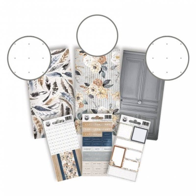 Bloc de papel decorativo com padrões naturais e autocolantes organizadores em fundo branco