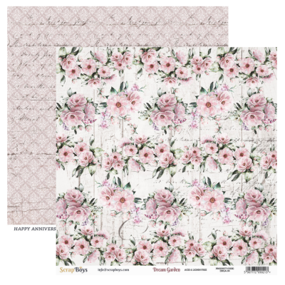 Papel decorativo com padrão floral e verso rosa com texto cursivo.