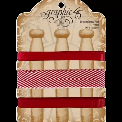 Embalagem com três fitas vermelhas decorativas e três pinos de madeira