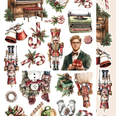 Elementos decorativos de Natal desenhados, incluindo doces, instrumentos musicais, quebra-nozes, guirlandas e patins