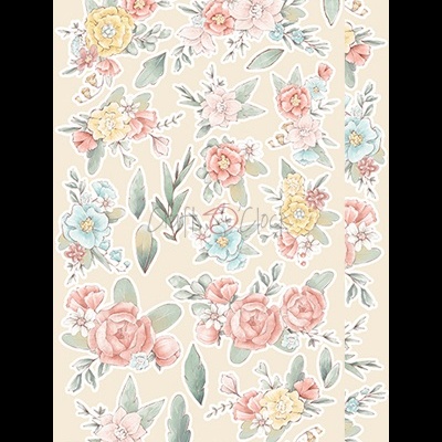 Flores coloridas em tons pastel com contornos brancos sobre fundo bege, em dois conjuntos idênticos