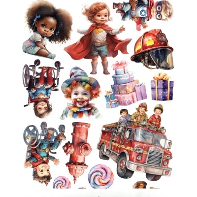 Conjunto de adesivos infantis com temas variados, como bombeiros, doces e fantasias.