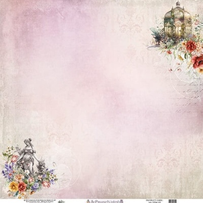 folha decorativa com flores, estatueta e gaiola num fundo rosa texturizado