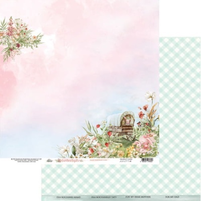 Papel decorativo com padrão floral pastel e padrão xadrez verde