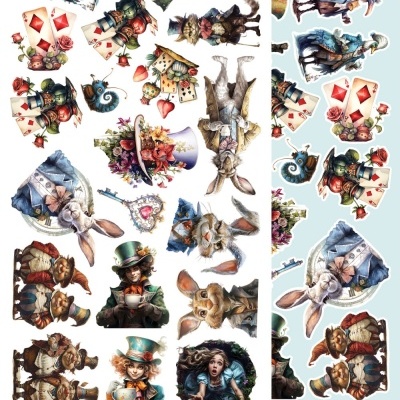 Ilustrações coloridas de personagens e objetos de Alice no País das Maravilhas em fundo branco e azul