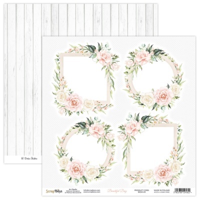 Papel decorativo para scrapbooking com molduras florais e padrão de tábuas de madeira.