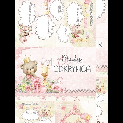 Papel decorativo infantil com ursinhos e textos em polaco em tons pastel