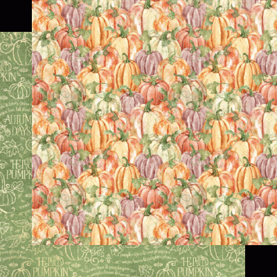 Papel decorativo com padrão de abóboras coloridas e borda verde com texto e desenhos em branco