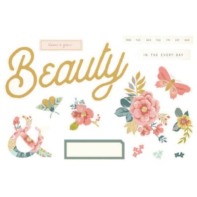 Palavras e ilustrações florais artísticas em tons suaves com borboleta e dias da semana.