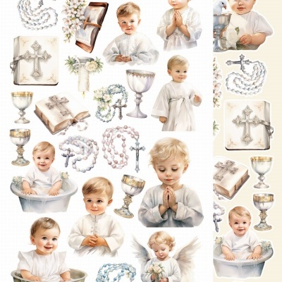 Ilustrações infantis de batismo com bebês, terços, cruzes, pombas, flores e cálices