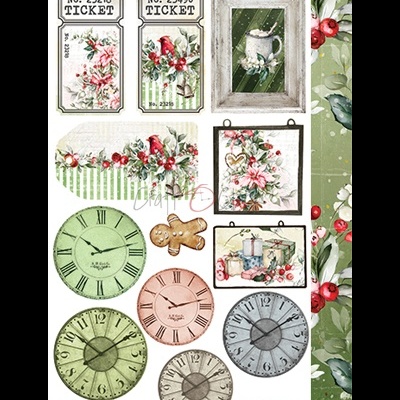 Autocolantes decorativos com relógios vintages, bilhetes numerados, flores, gengibre e motivos natalícios em fundo verde floral