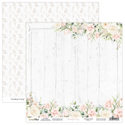 Folha dupla para scrapbooking com design floral em branco, bege e rosa.