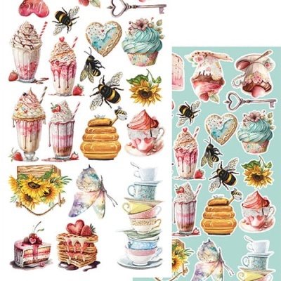 Autocolantes decorativos com ilustrações de bolos, abelhas, chávenas e flores