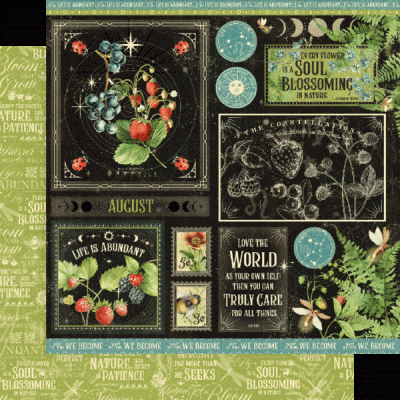 Painel decorativo com imagens botânicas, constelações e textos inspiradores em inglês sobre um fundo verde com padrões.