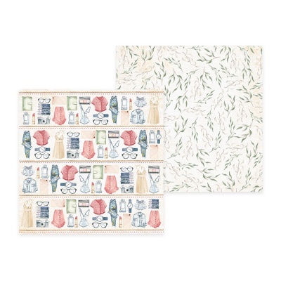 Papel decorativo duplex com padrões de objetos variados e folhas verdes