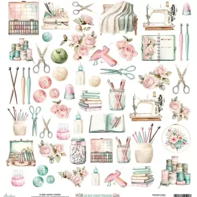 Objetos de costura e artesanato sobre fundo branco