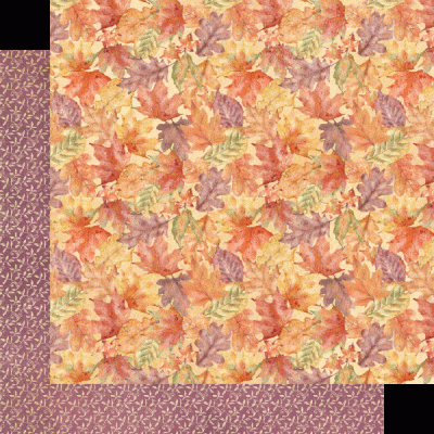 Papel decorativo com padrão de folhas de outono e verso lilás com pequenas folhagens