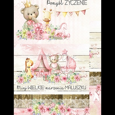 Desenho infantil com ursinho, giraffa, presentes e flores em tons rosa e bege com frases