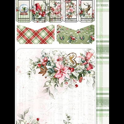 Papel decorativo e etiquetas com padrões florais, sinos e cervo, em tons verde e vermelho