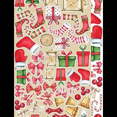 Elementos decorativos de Natal coloridos, incluindo lanternas, meias, presentes, sinos, laços e bastões de doce.