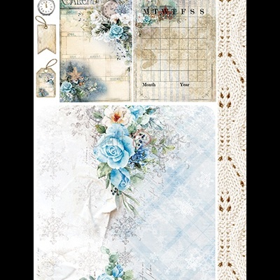 Calendário mensal decorativo com flores azuis e fundo texturizado sobre tecido tricotado