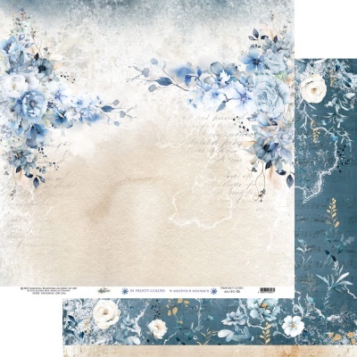 Papel decorativo floral azul e branco com texto caligráfico e fundo texturizado