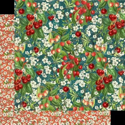 Papel de embrulho com padrão de cerejas e flores coloridas