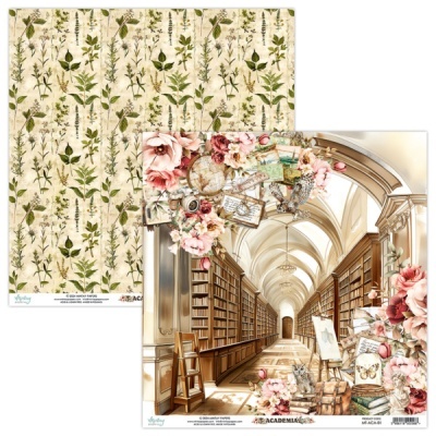 Folha dupla-face para scrapbook com padrão de folhas e biblioteca antiga com flores e objetos vintage