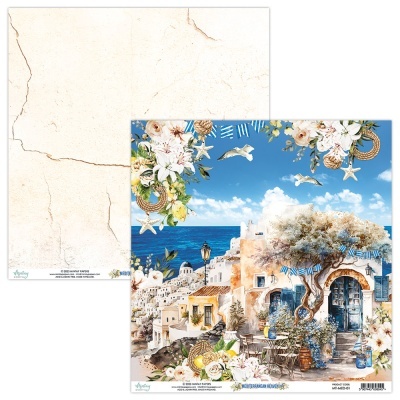 Papel decorativo com vila costeira, flores e tema marinho