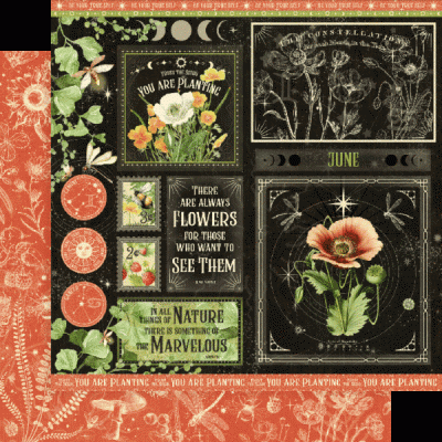 Elementos gráficos com flores, textos em inglês e padrões decorativos em várias cores