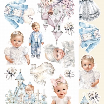 Ilustrações de bebés com roupas formais e elementos decorativos florais e de igreja