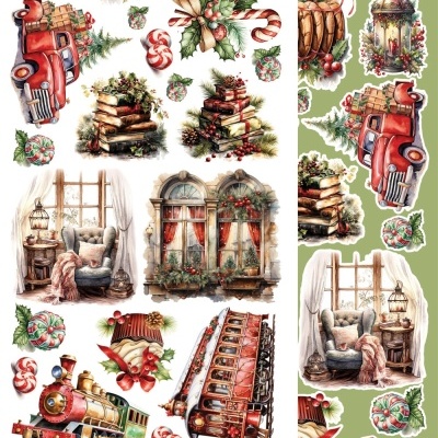 Ilustrações de Natal em papel com elementos festivos como lanterna, chávena, veículos antigos, carrinhos de comboio, livros, janelas decoradas, poltrona, folhas de azevinho e caramelos.