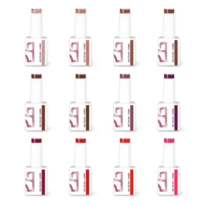 Doze frascos de verniz gel para unhas em várias cores com texto GEL POLISH