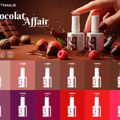 Vernizes HIT NAILS coleção Chocolate Affair com cores marrom, vermelho e roxo, morangos e chocolates