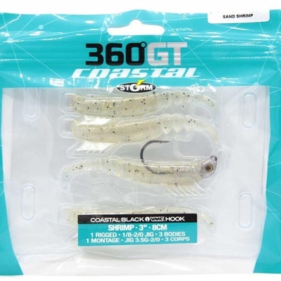 Pacote azul de camarões artificiais de pesca 360 GT Coastal Storm com texto e anzol visível