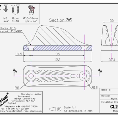 Desenho técnico de elemento de fixação em nylon com dimensões e texto Clamcleats Limited