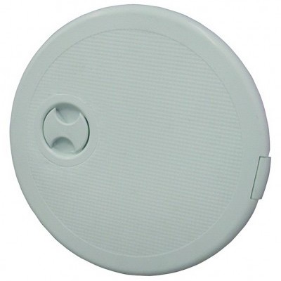 Tampa redonda branca de plástico com textura estriada e abertura circular