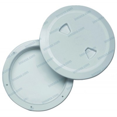 Duas tampas redondas de plástico branco com alças triangulares