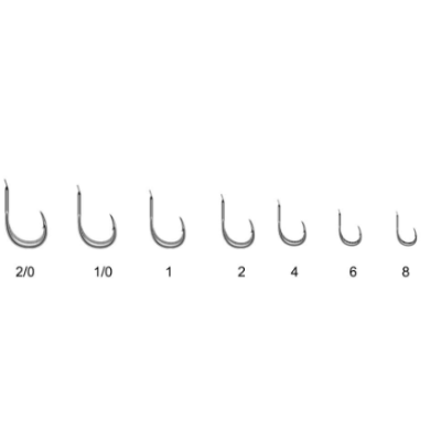 Anzóis metálicos prateados de vários tamanhos numerados 2/0 a 8