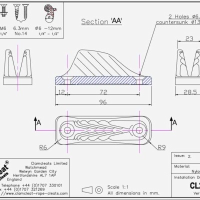 Desenho técnico do suporte CL201 Clamcleat em nylon com medidas e especificações.